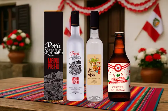 Tubular personalizado, pisco personalizado y cerveza con temática del Perú