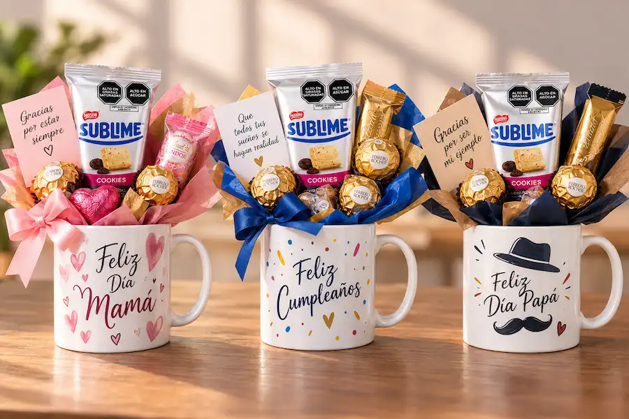Complementa tu regalo con nuestros arreglos de tazas personalizadas