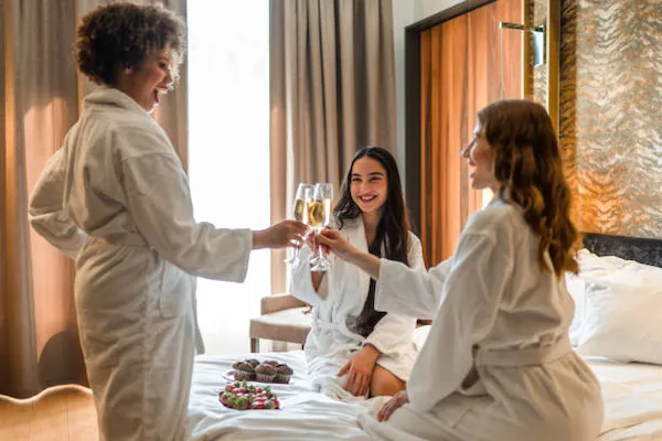 Amigas en batas blancas brindando sonrientes durante un plan de relajación y spa antes de la boda.